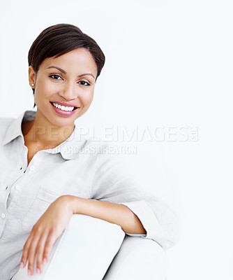 Buy stock photo Happy, relax and woman on sofa with portrait, peace or comfortable for weekend break. Space, female person and rest at house for calm morning, positive attitude and unwind on couch for stress relief