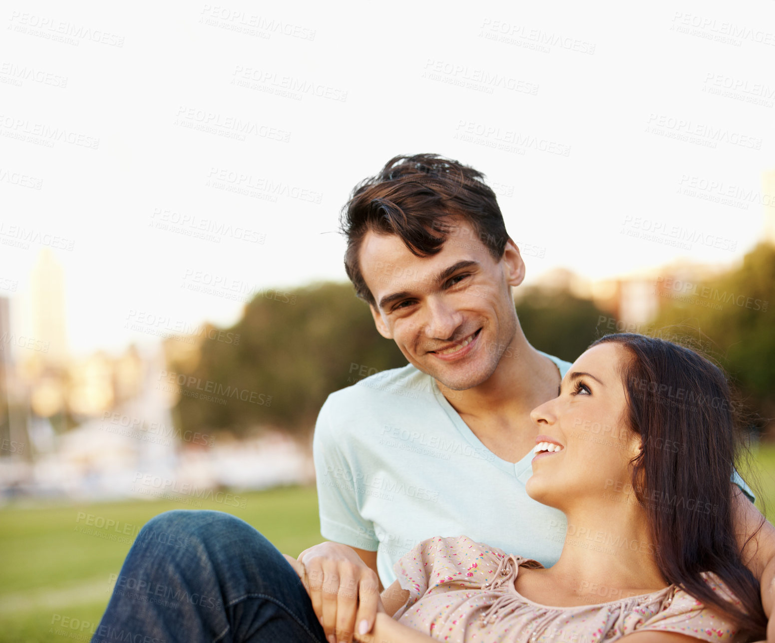 Buy stock photo Love, date and smile with couple in park for romance, affection and care together. Summer, honeymoon and relationship with portrait of man and woman relax in nature for support, trust and happy