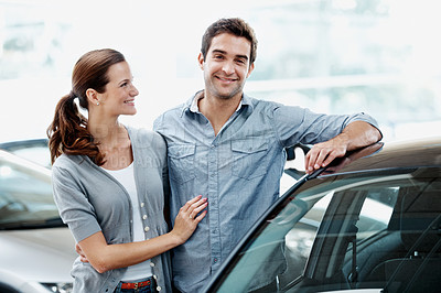 Buy stock photo Couple, smile and customer shopping in car dealership with support, sale promotion and motor insurance. Portrait, married people and browsing in store for new vehicle, discount or investment decision