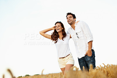 Buy stock photo Love, travel and smile with couple in field for connection, bonding and spring date together. Support, happiness and marriage anniversary with man and woman in countryside for care and getaway