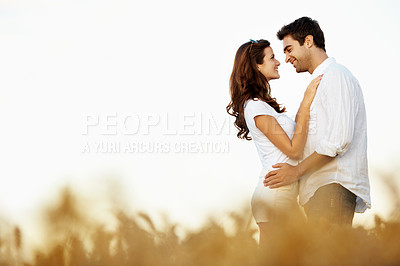 Buy stock photo Love, smile or couple in countryside with embrace, partner care or bonding together on summer break. Peace, mockup space or people with hug, relationship connection or happy moment on outdoor date.