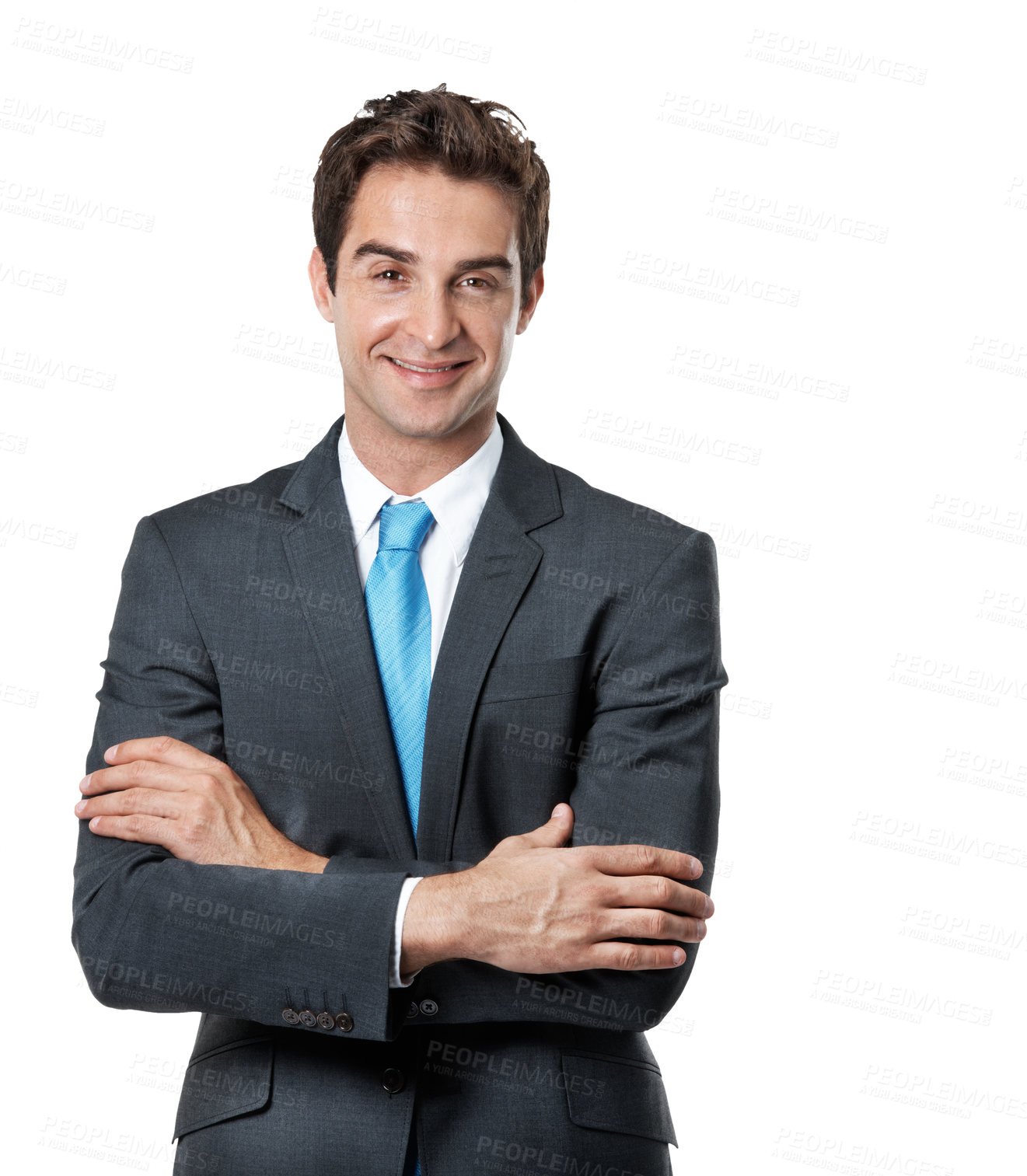 Buy stock photo Business, man and arms crossed in studio portrait for legal expertise, representation or justice. Lawyer, pride or happy person on white background for career integrity, about us or civil litigation