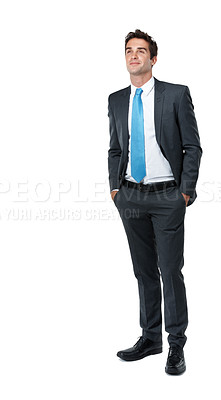 Buy stock photo Thinking, business and lawyer in studio with smile, planning and problem solving for court case. Mockup space, man and attorney with reflection, positive attitude and trial choice on white background