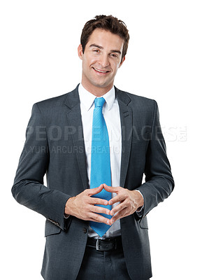 Buy stock photo Happy, portrait and business man on a white background for accounting career, investor and about us. Studio, corporate and person with confidence for investment consultant, ambition and management