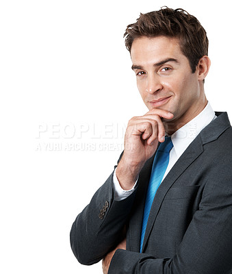 Buy stock photo Thinking, smile and portrait of business man in studio for mockup space, reflection and investor vision. Problem solving, account manager and happy with person on white background for solution