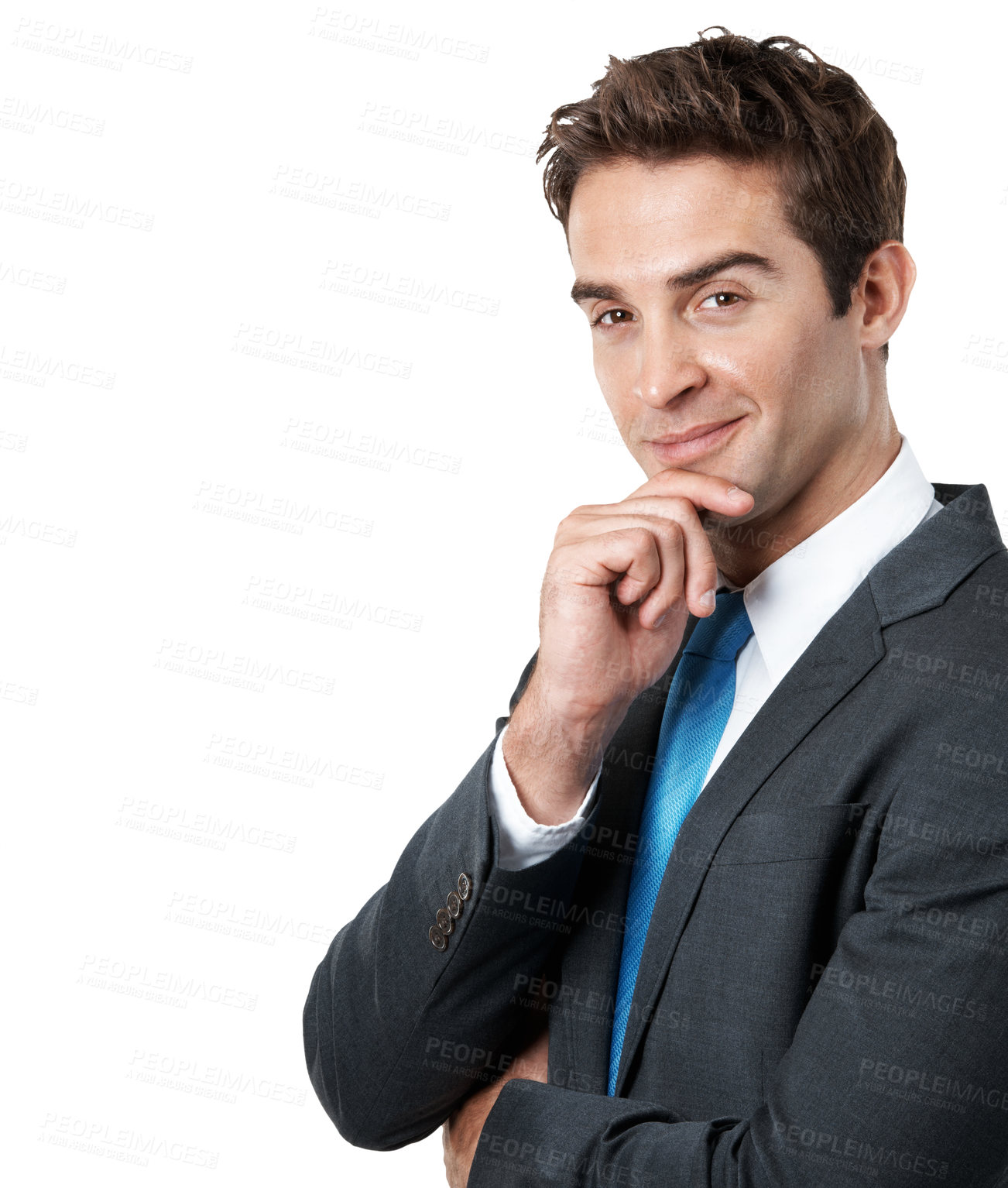 Buy stock photo Thinking, smile and portrait of business man in studio for mockup space, reflection and investor vision. Problem solving, account manager and happy with person on white background for solution