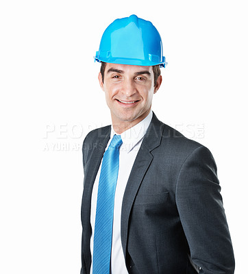 Buy stock photo Businessman, smile and portrait in studio for architecture, corporate contractor or executive in hardhat. Happy engineer, construction or property development space with helmet on white background 