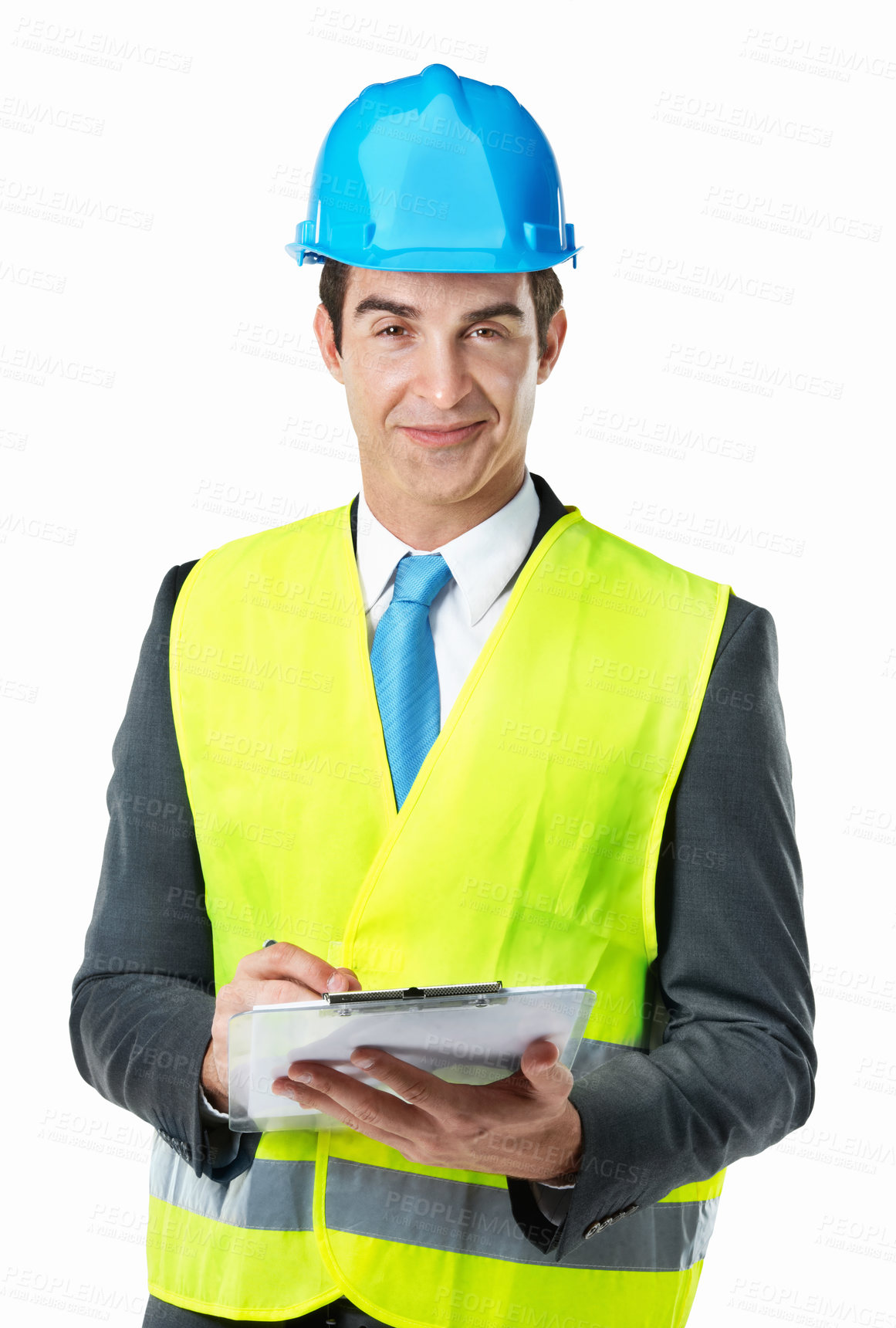 Buy stock photo Man, clipboard or portrait in studio with architecture, corporate contractor and checklist for inspection. Happy engineer, construction or quality assurance with notes and helmet on white background 