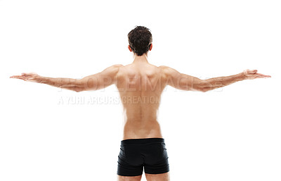 Buy stock photo Muscle, arms and back of man in studio and topless for fitness, bodybuilder progress and health. Wellness, strong athlete and exercise with shirtless male person on white background for self care