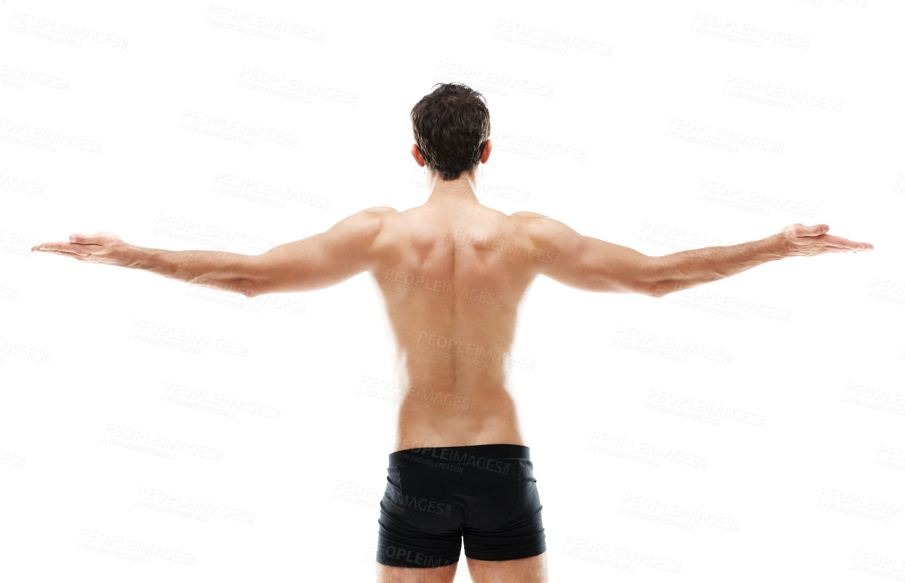 Buy stock photo Muscle, arms and back of man in studio and topless for fitness, bodybuilder progress and health. Wellness, strong athlete and exercise with shirtless male person on white background for self care