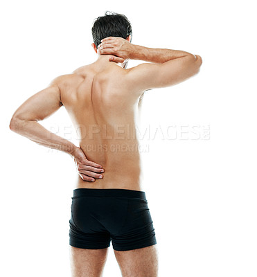Buy stock photo Back, massage and neck pain with man in studio for muscle inflammation, fibromyalgia and fatigue. Osteoarthritis, tendinitis and pressure with person on white background for strain, anatomy and spine