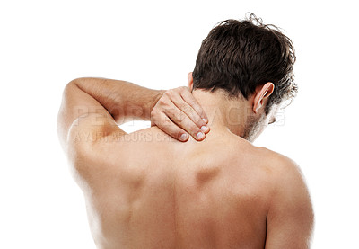 Buy stock photo Back, hand and neck pain with man in studio for inflammation, fibromyalgia and fatigue. Osteoarthritis, tendinitis and pressure with person on white background for massage, anatomy and strain