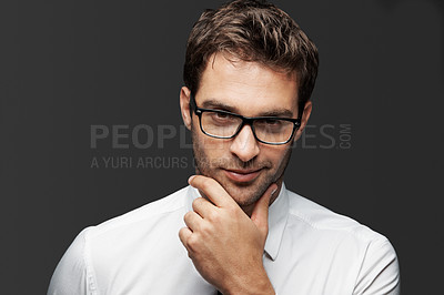 Buy stock photo Business man, portrait and smile in studio for career pride, development and HR consultant thinking. Glasses, confident talent recruiter and professional ambition with growth ideas on background