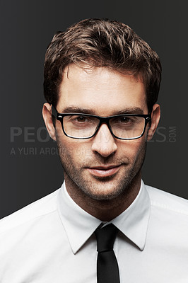 Buy stock photo Businessman, portrait and glasses in studio for career pride, development and HR consultant. Spectacles, confident talent recruiter and professional ambition with opportunity for growth on background