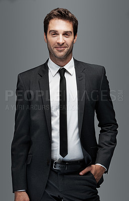 Buy stock photo Happy, professional and portrait of business man in studio for about us, corporate and financial advisor. Portfolio manager, broker and confidence with male employee on gray background for pride