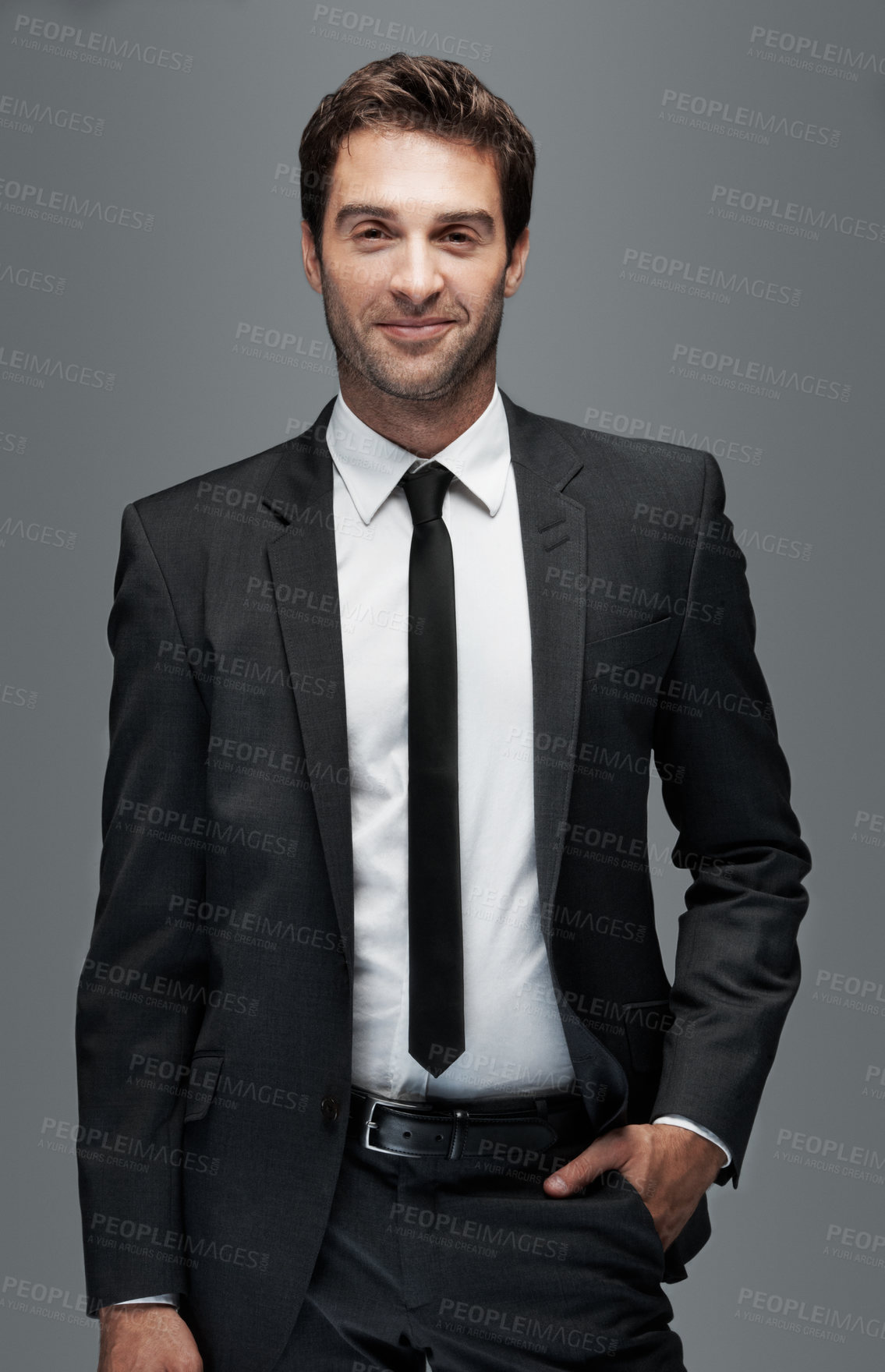 Buy stock photo Happy, professional and portrait of business man in studio for about us, corporate and financial advisor. Portfolio manager, broker and confidence with male employee on gray background for pride