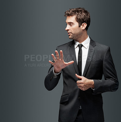 Buy stock photo Wait, space and business man in studio for stop gesture, stock broker and trader confidence. Vision, market pause and professional with person on gray background for mockup, investor halt and pride