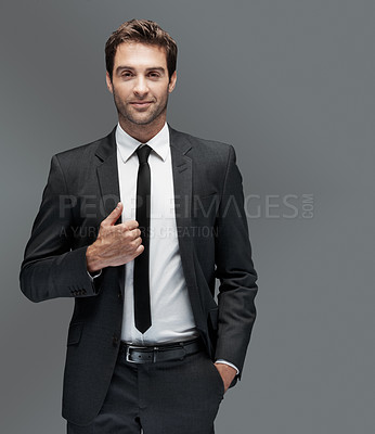 Buy stock photo Smile, corporate and portrait of business man in studio for about us, professional and financial advisor. Portfolio manager, broker and confidence with male employee on gray background for pride