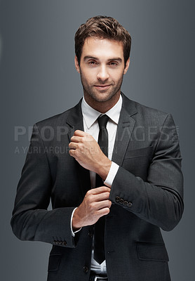 Buy stock photo Confidence, professional and portrait of business man in studio for about us, corporate and financial advisor. Portfolio manager, broker and smile with male employee on gray background for pride