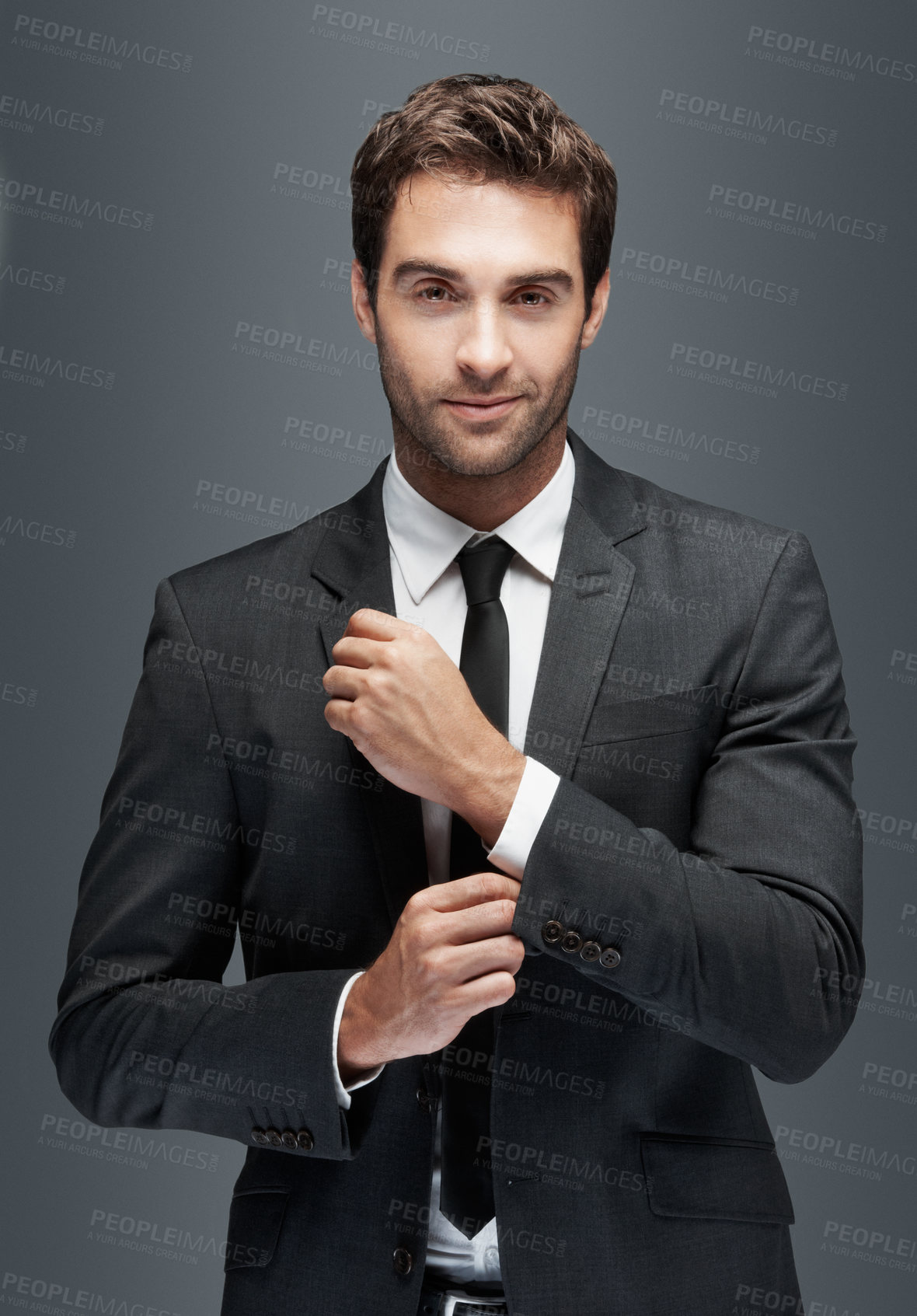 Buy stock photo Confidence, professional and portrait of business man in studio for about us, corporate and financial advisor. Portfolio manager, broker and smile with male employee on gray background for pride