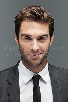 Buy stock photo Happy, corporate and portrait of business man in studio for about us, professional and financial advisor. Portfolio manager, broker and confidence with male employee on gray background for pride