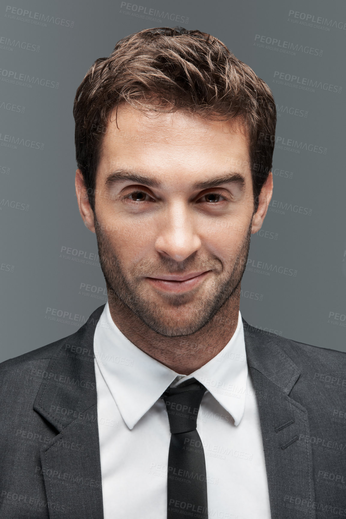 Buy stock photo Happy, corporate and portrait of business man in studio for about us, professional and financial advisor. Portfolio manager, broker and confidence with male employee on gray background for pride