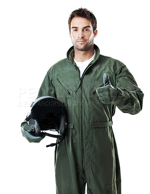 Buy stock photo Thumbs up, military and pilot with portrait of man in studio for army militant, war or aerial combat expert. Airspace mission, aviator and success with person on white background for security