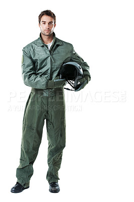 Buy stock photo Serious, pilot and man with helmet, portrait and flight preparation and military services in studio. White background, aircraft commander and person with pride for duty, space and ready for mission