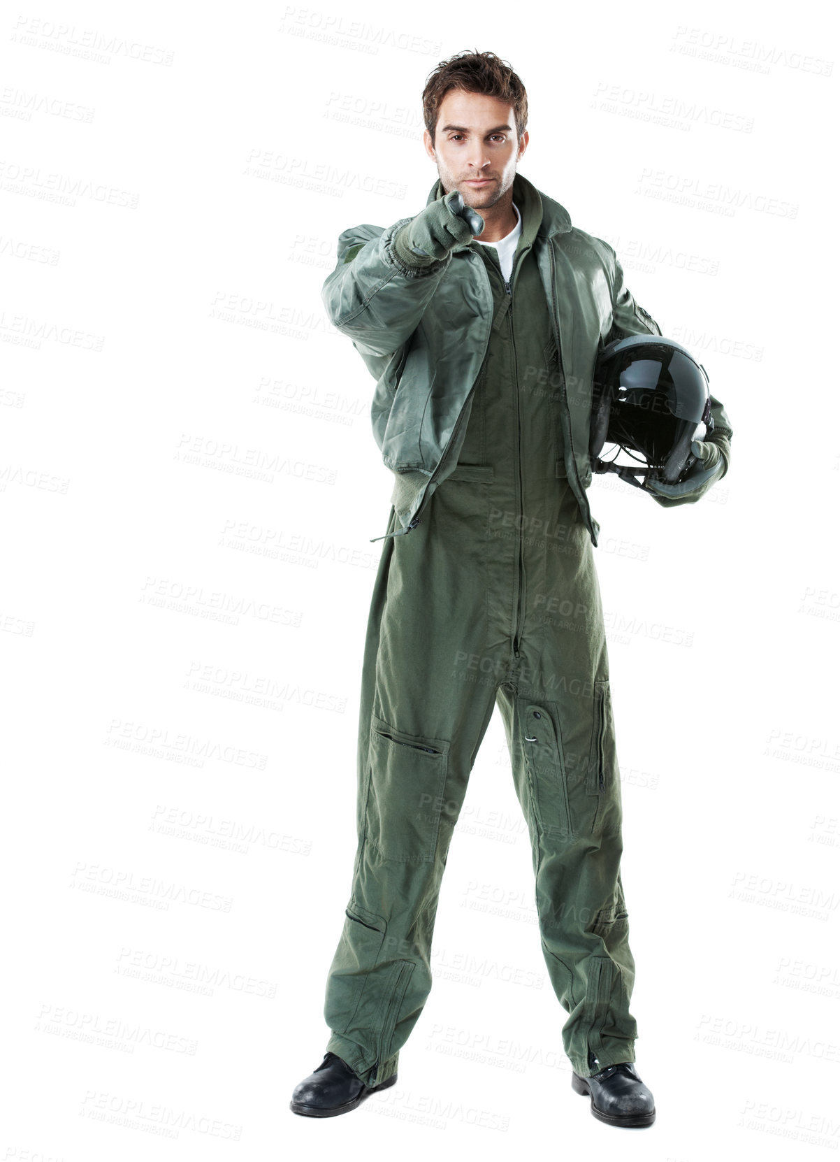 Buy stock photo Portrait, pilot and man with helmet, pointing and military offer for mission or invitation in studio. White background, aircraft commander and person with gesture, space and recruitment choice in USA