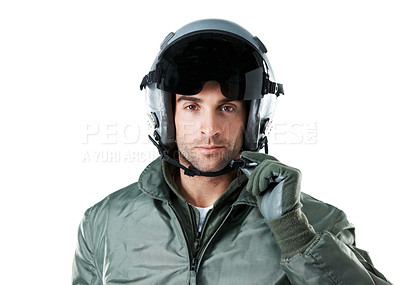 Buy stock photo Aviator, portrait and man in studio with helmet for airforce, government pilot and military service. Communication, space and person with mic, visor and gear for army career on white background