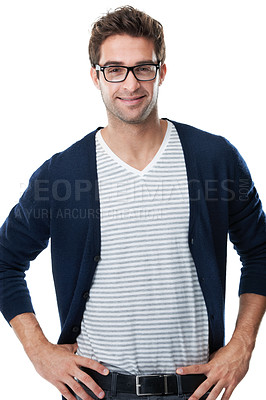 Buy stock photo Happy, fashion and portrait of man in studio with casual, cool and trendy outfit with confidence. Glasses, smile and male person with pride for stylish clothes and spectacles by white background.