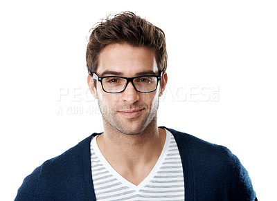Buy stock photo Portrait, man and glasses in studio with eye care, prescription lens and pride for vision wellness. Confident, person and spectacles for clear eyesight, optometry and eyewear on white background.