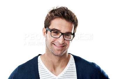 Buy stock photo Portrait, man and glasses in studio with vision, clear prescription lens and eye care for wellness. Confident, person and spectacles for eyesight, optometry or happy with eyewear on white background.