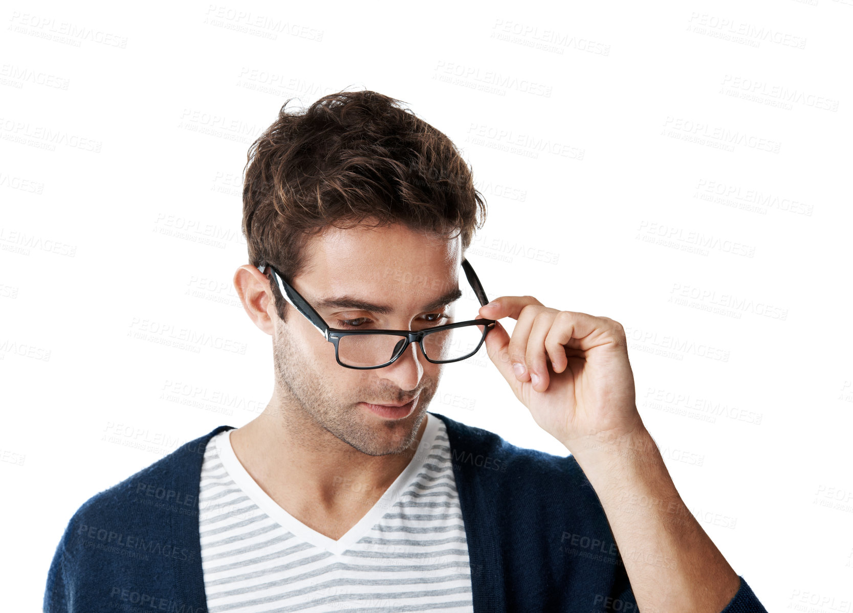 Buy stock photo Man, glasses and clear vision in studio with eyewear decision, consider prescription lens or wellness. Person, check spectacles and eye care with optometry, thinking or reflection on white background