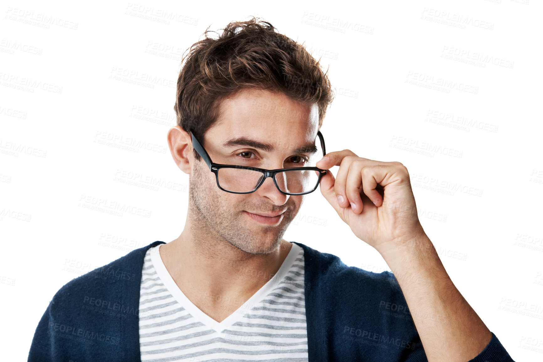 Buy stock photo Portrait, man and glasses in studio with optometry, clear vision and prescription lens for eye health. Confident, person and spectacles for eyesight, wellness and eyewear frames on white background.