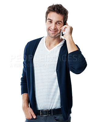 Buy stock photo Portrait, man and happy in studio with phone call, hearing story and good mood for gossip update. Male person, smile and listen to feedback with tech, contact and connectivity on white background.