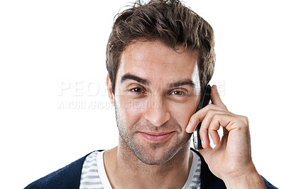 Buy stock photo Portrait, space and man on a white background for phone call, online chat and talking for connection. Mockup, communication and happy person on cellphone for gossip, contact and networking in studio