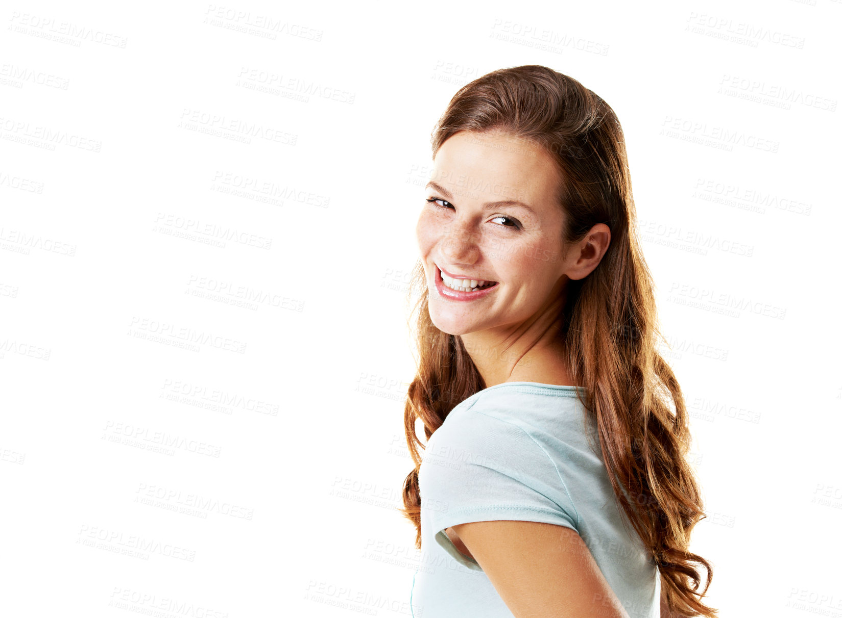 Buy stock photo Portrait, woman and happy in studio with confidence, positive attitude and optimistic for wellness. Person, smile and good mood with satisfaction, stress free and mockup space on white background.