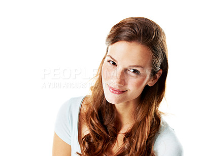 Buy stock photo Woman, portrait and hair care shine in studio, wellness and sleek texture with hairstyle on white background. Person, shampoo or conditioner for salon glow with long locks, redhead and beauty space
