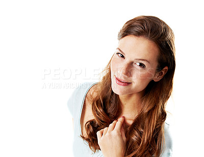 Buy stock photo Happy woman, portrait and hair care shine in studio, wellness and sleek texture with hairstyle. Person, shampoo or conditioner with space or long locks, redhead and beauty space on white background