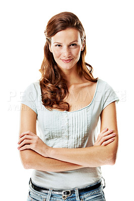 Buy stock photo Woman, smile and portrait with arms crossed in studio for confidence, optimism and wellness on white background. Female person, happy and pride with good mood or positive attitude for wellbeing