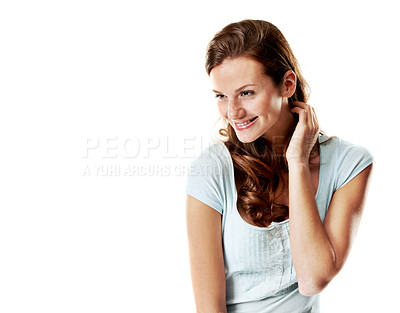 Buy stock photo Happy, woman and thinking by white background with space for reflection, vision and positive future. Smile, studio and female person in thought, wonder or daydreaming for inspiration with mockup