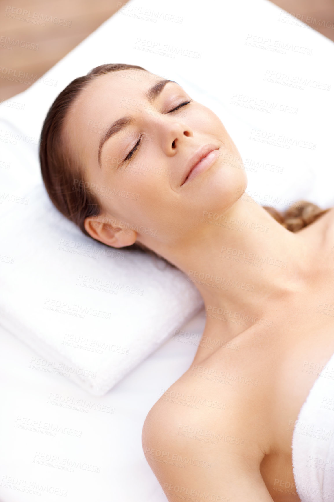 Buy stock photo Calm, spa and above with woman at hotel for relax, deep tissue massage and beauty treatment. Holistic detox, hospitality and healing retreat with person at resort for body care, salon and wellness
