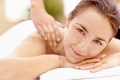 Buy stock photo Gorgeous young woman smiling during a relaxing massage - portrait