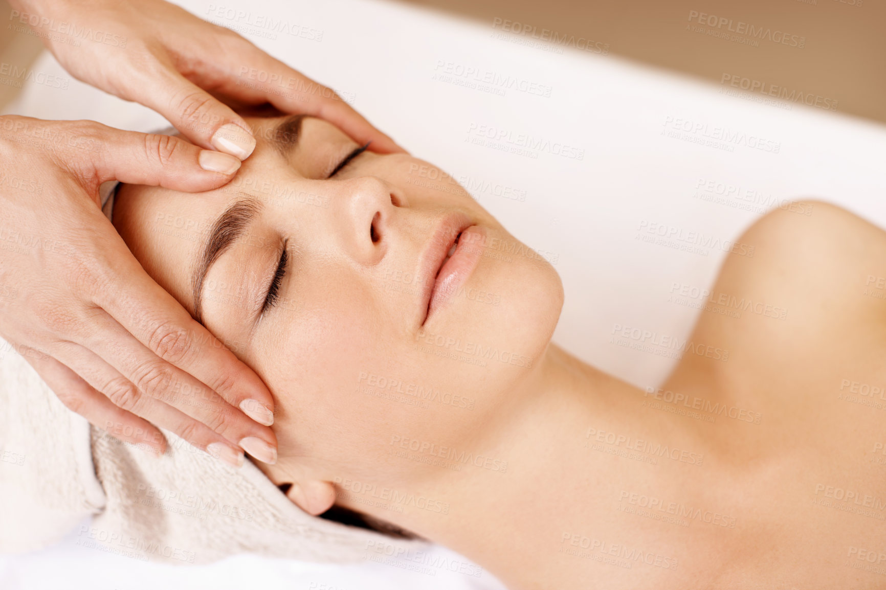 Buy stock photo Sleep, woman and head massage at spa for migraine relief, luxury pamper or holistic treatment. Above, client or beauty therapist with forehead rub for tension release, self care or wellness at resort