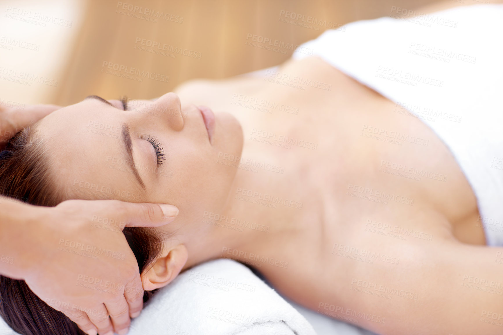 Buy stock photo Hands, massage and head with woman in spa for detox treatment, beauty and lympathic drainage. Holistic therapy, facial circulation and esthetician with person in salon for fluid flush and wellness