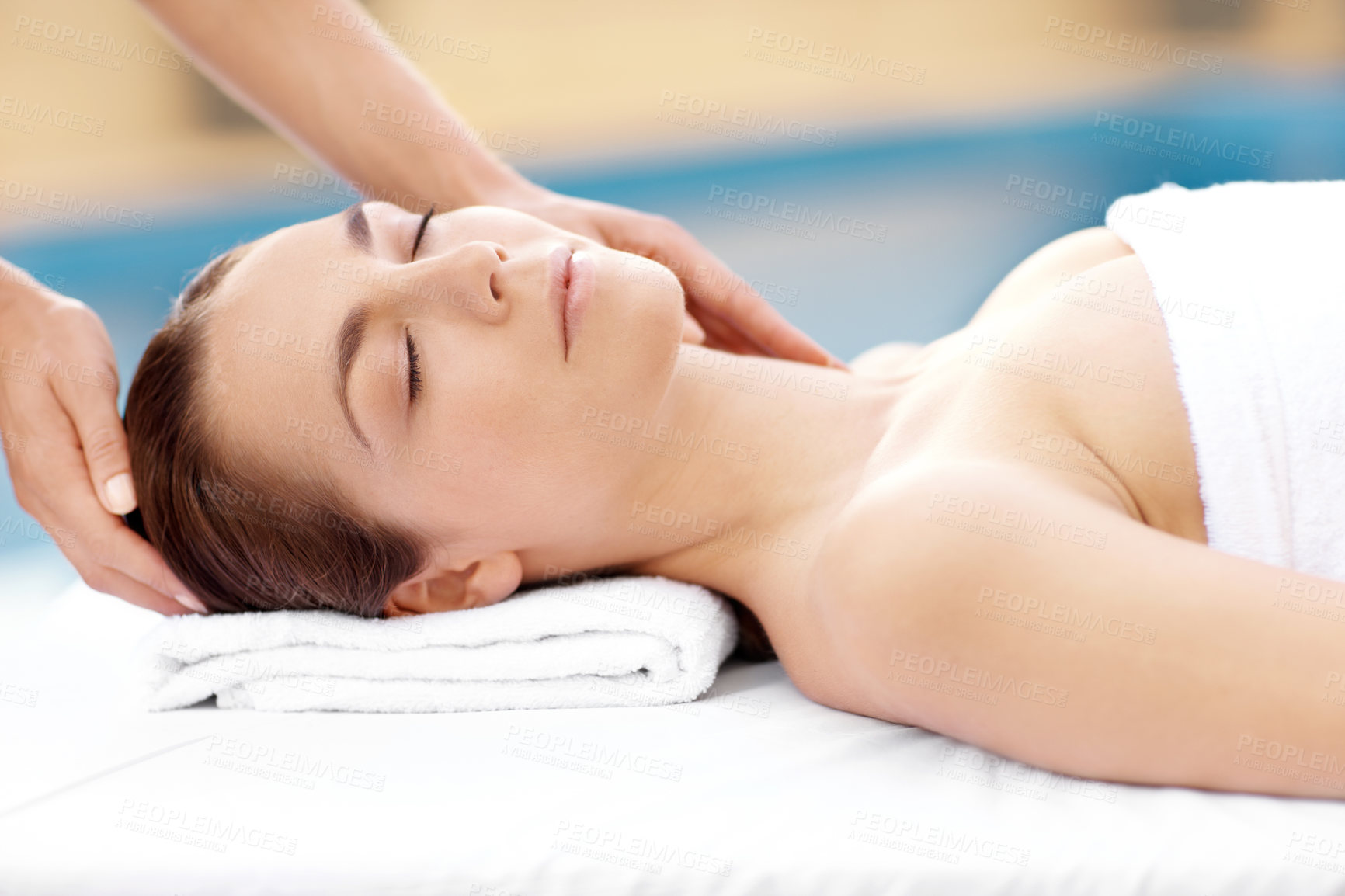 Buy stock photo Hands, massage and skincare with woman in spa for detox treatment, beauty or lympathic drainage. Holistic therapy, facial circulation and esthetician with person in salon for fluid flush and wellness