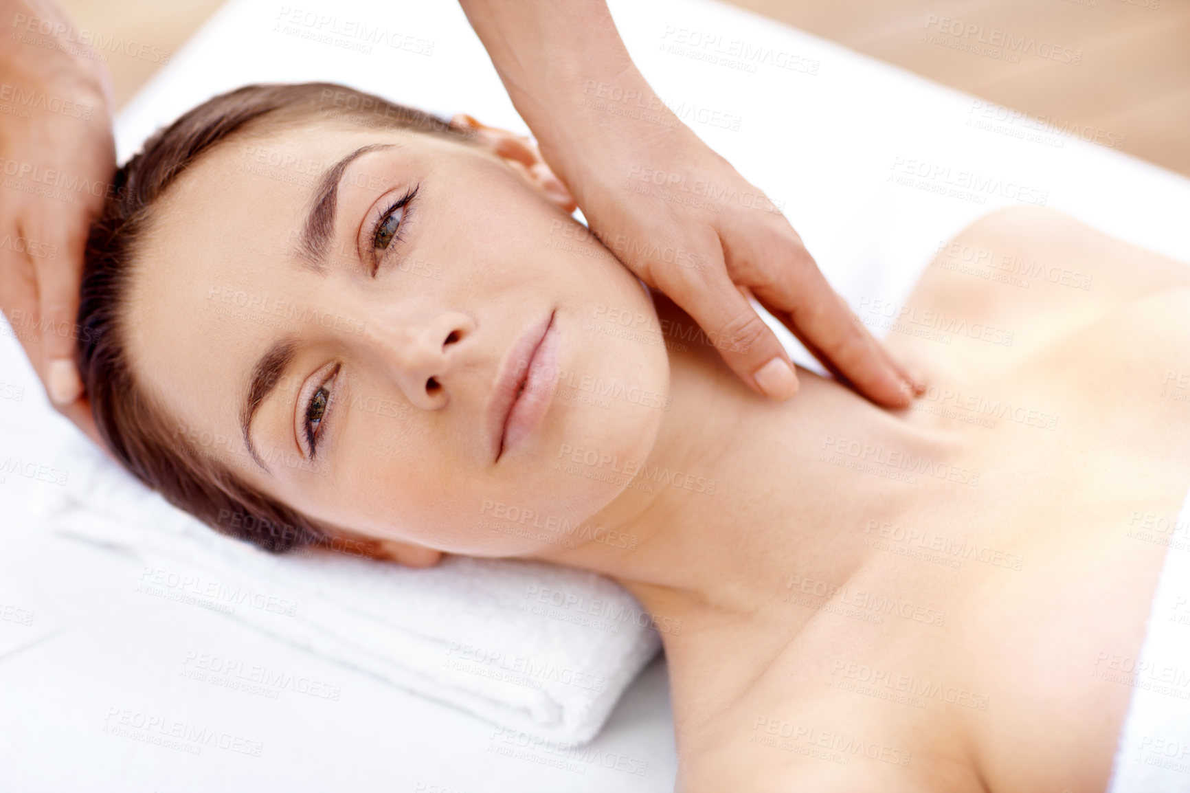 Buy stock photo Hands, massage and portrait with woman in spa for detox treatment, beauty or lympathic drainage. Holistic therapy, facial circulation and esthetician with person in salon for fluid flush and skincare