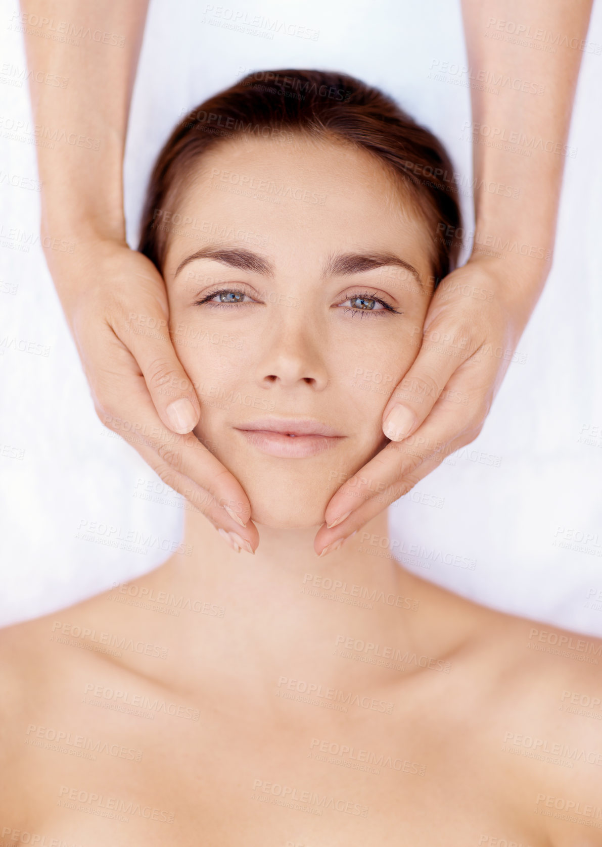 Buy stock photo Smile, massage and portrait with woman in spa for detox treatment, beauty and lympathic drainage. Holistic therapy, facial circulation and esthetician hands with above of person for fluid flush
