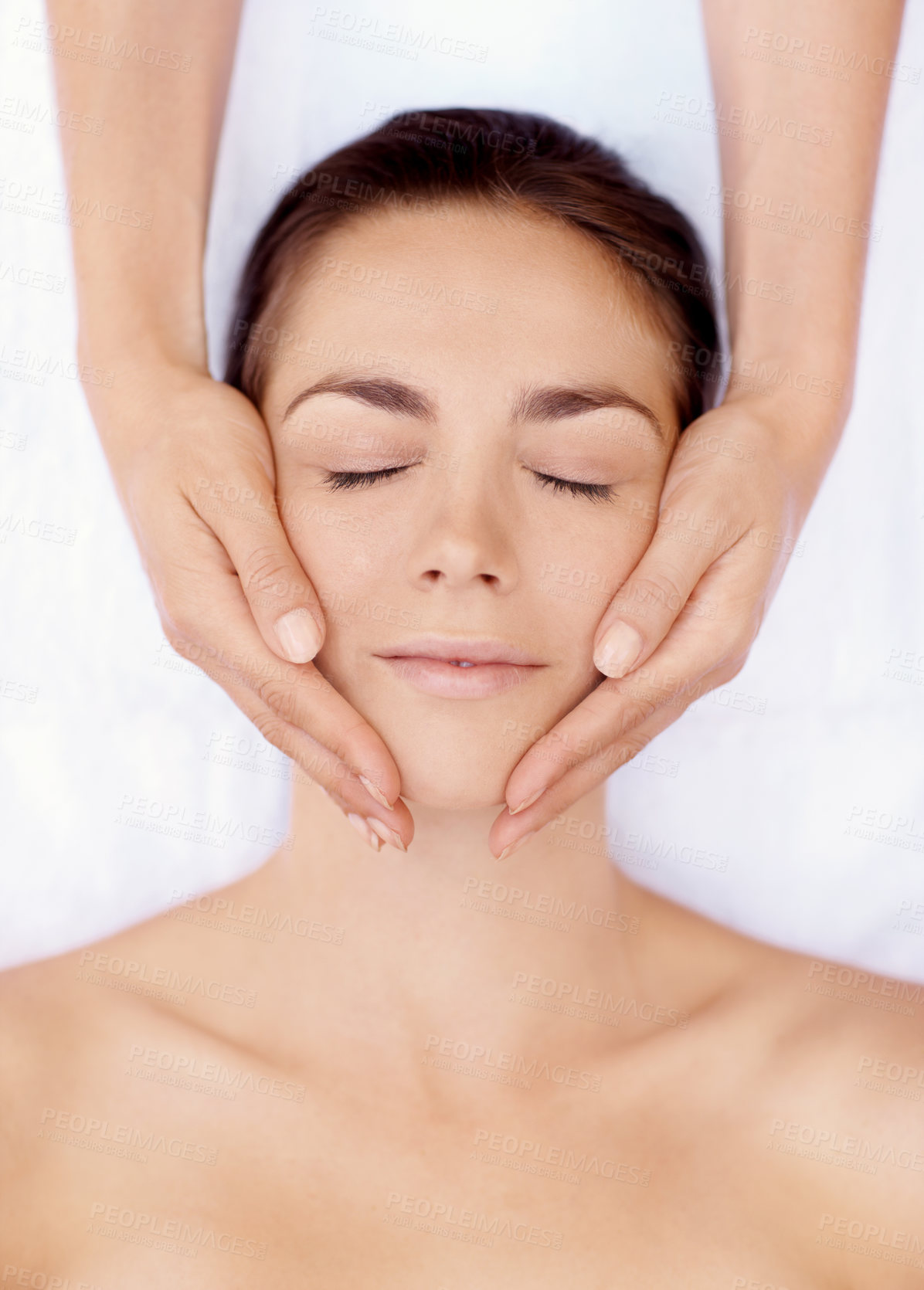 Buy stock photo Hands, massage and relax with woman in spa for detox treatment, beauty and lympathic drainage. Holistic therapy, facial circulation and esthetician with above of person in salon for fluid flush